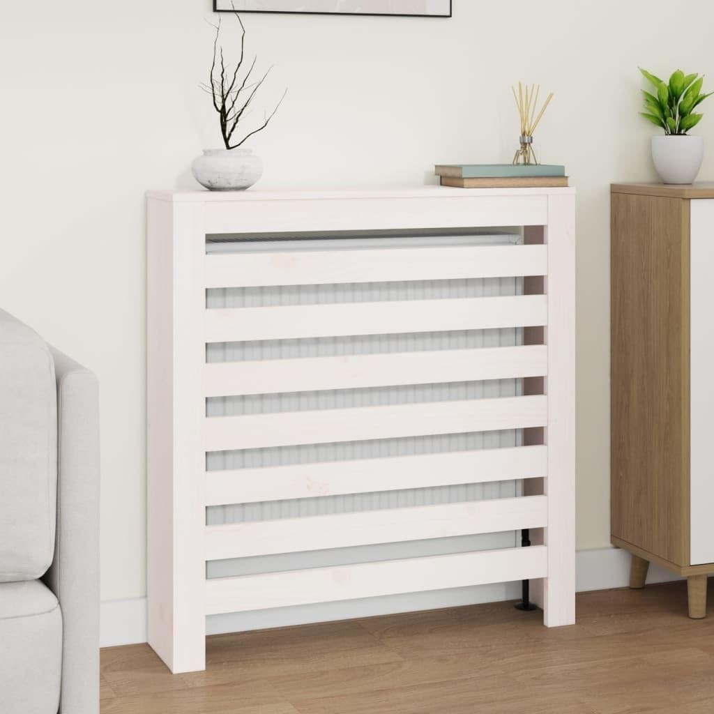 White Radiator Cover Solid Pine Wood Slatted Shelf 79.5x19x84cm