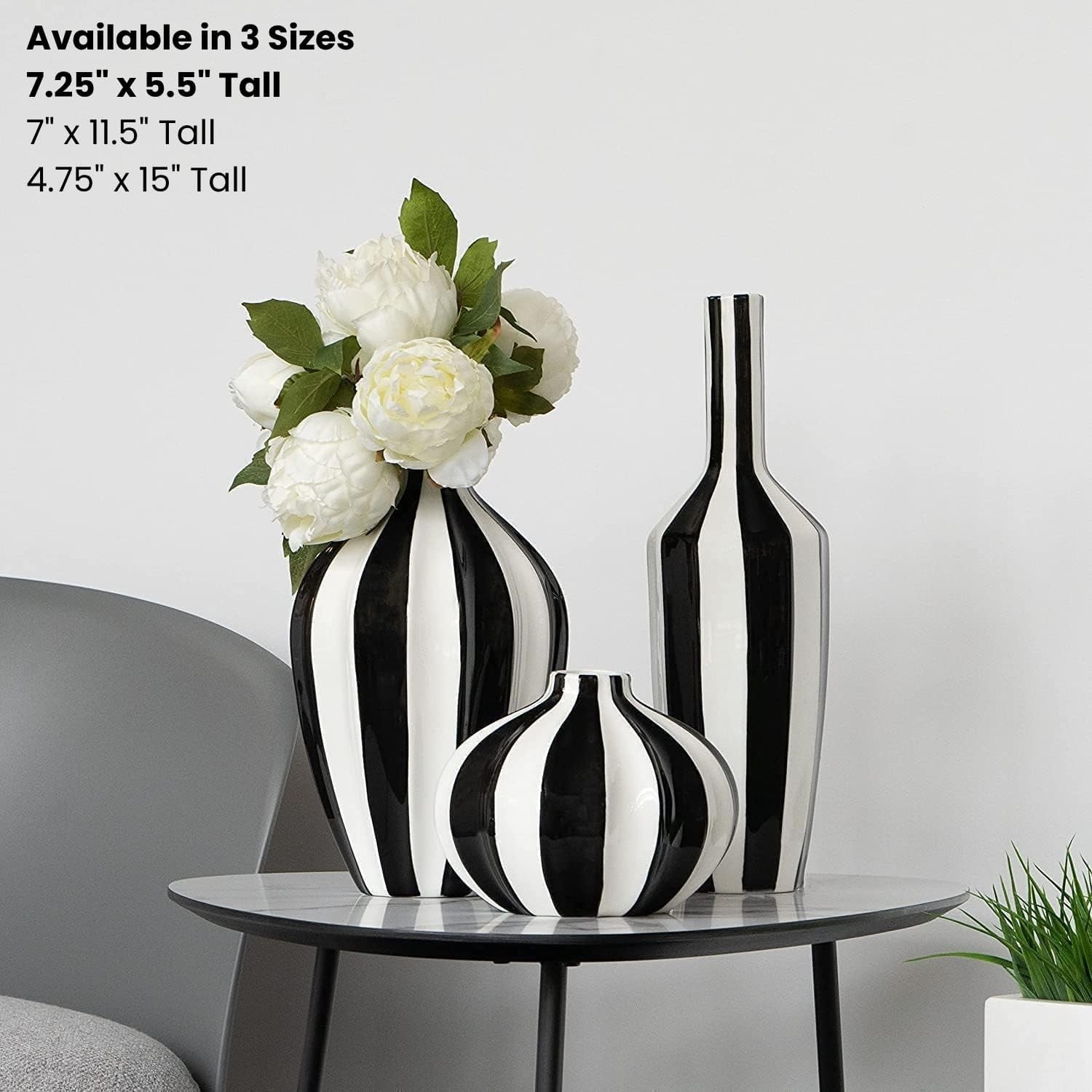 Black White Ceramic Vase Modern Striped Table Decor Round Flower Vase
