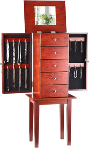 Standing Wooden Jewelry Armoire with Drawers Flip Top Mirror Necklace Doors