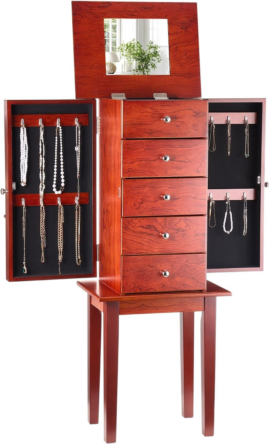 Standing Wooden Jewelry Armoire with Drawers Flip Top Mirror Necklace Doors