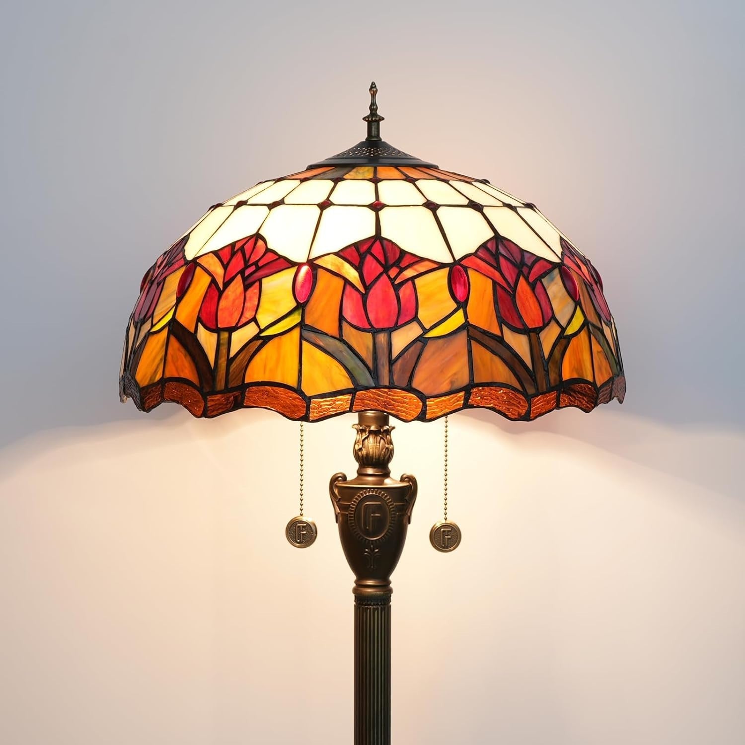 Red Tulip Stained Glass Floor Lamp with Vintage Bronze Base & Foot Switch