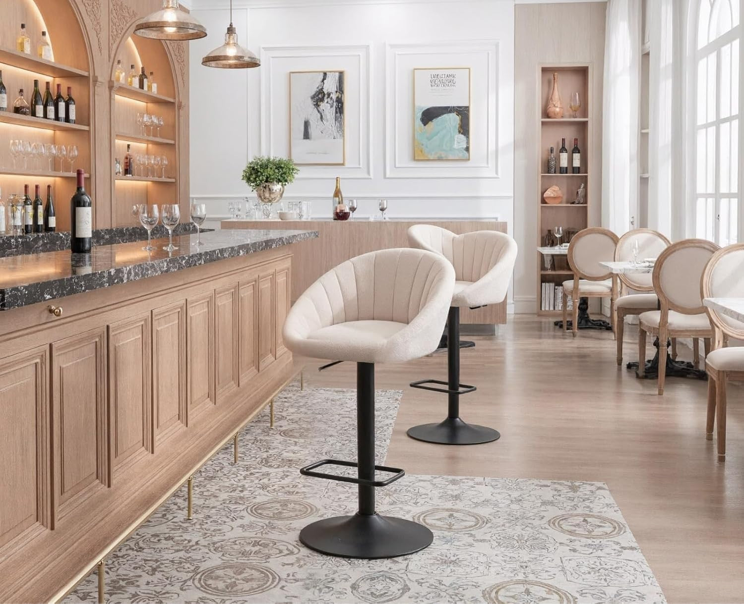 Bar Stools Set of 2 | Beige L-Shaped Adjustable Counter Chairs