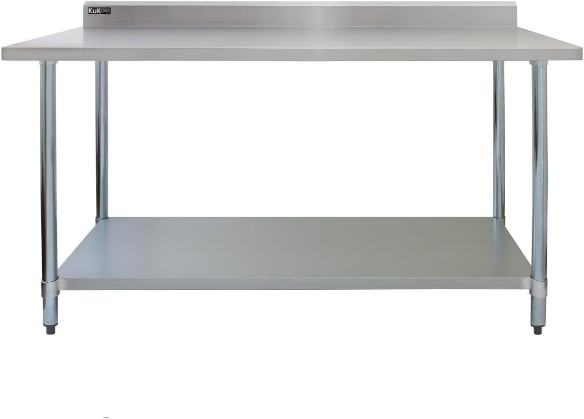 6FT Stainless Steel Catering Bench + 2 Wall Shelves Prep Table 250kg Backsplash