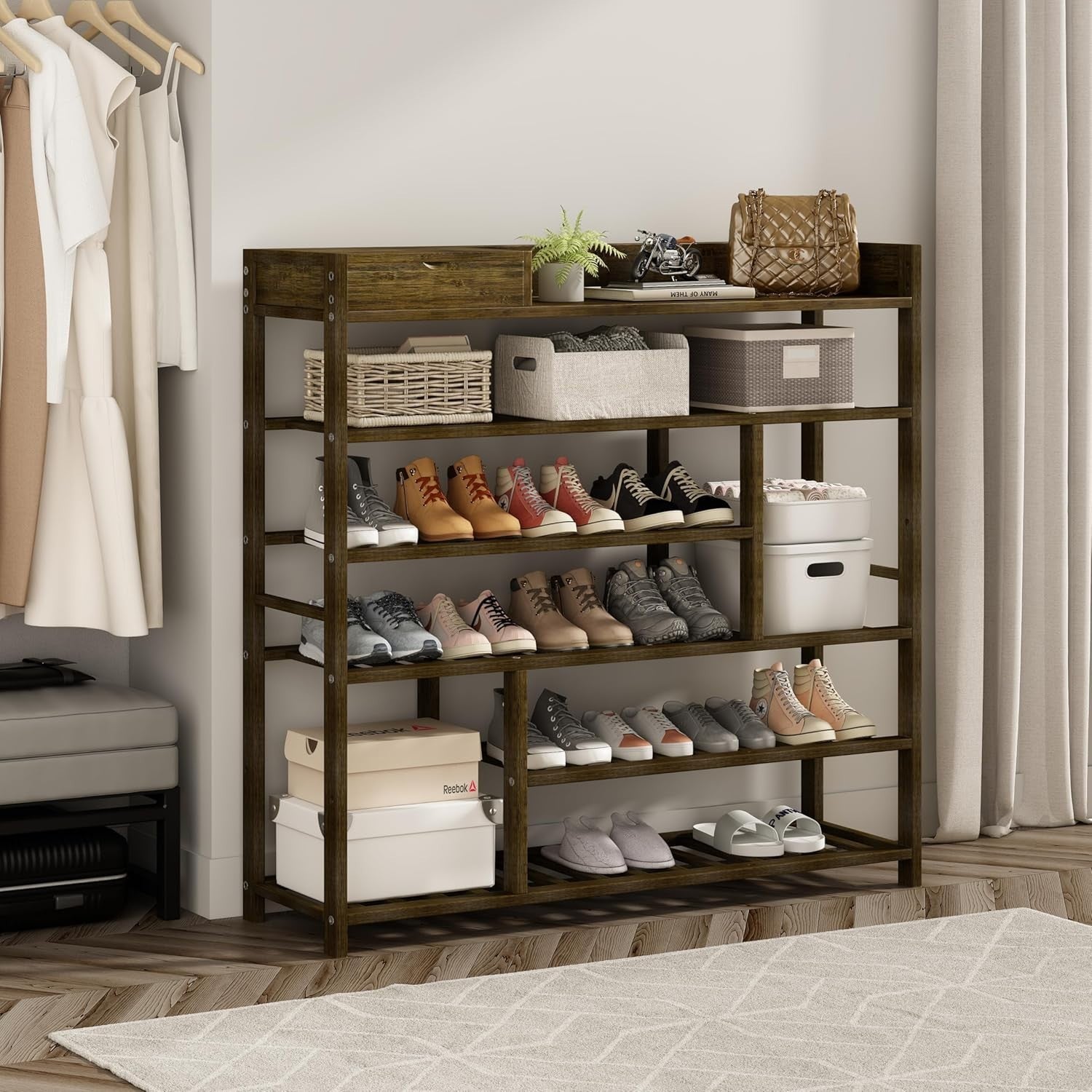 6 Tier Bamboo Shoe Rack Storage Shelf – Tall Tea Brown Entryway Unit