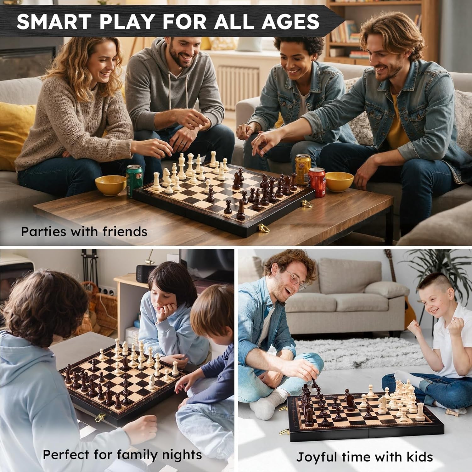 Large 19" Wooden Chess Set Foldable Board Weighted Pieces Extra Queens Classic