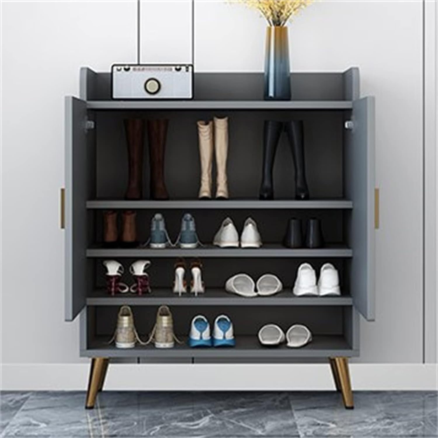 Modern Shoe Cabinet Grey 2 Door Cupboard with Open Shelf & Adjustable Shelves
