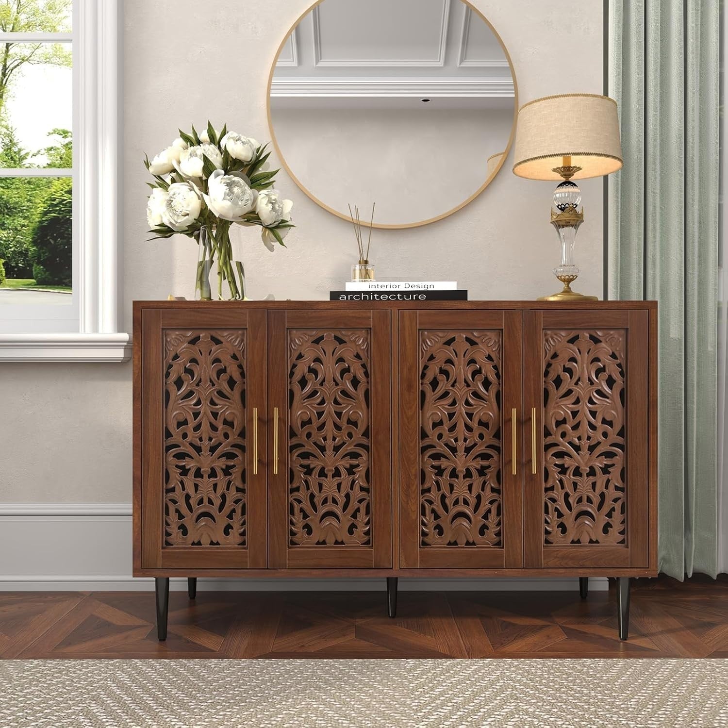 Vintage Brown Sideboard Cabinet 4 Doors Hollow Carved Storage Buffet