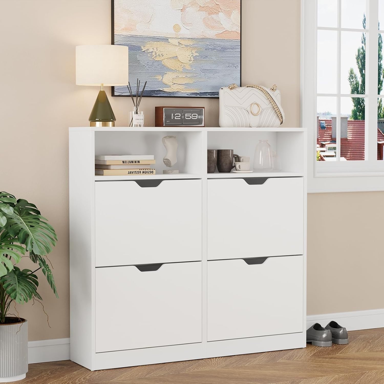 Modern White Shoe Storage Cabinet – 4 Flip Drawers, Adjustable Shelves
