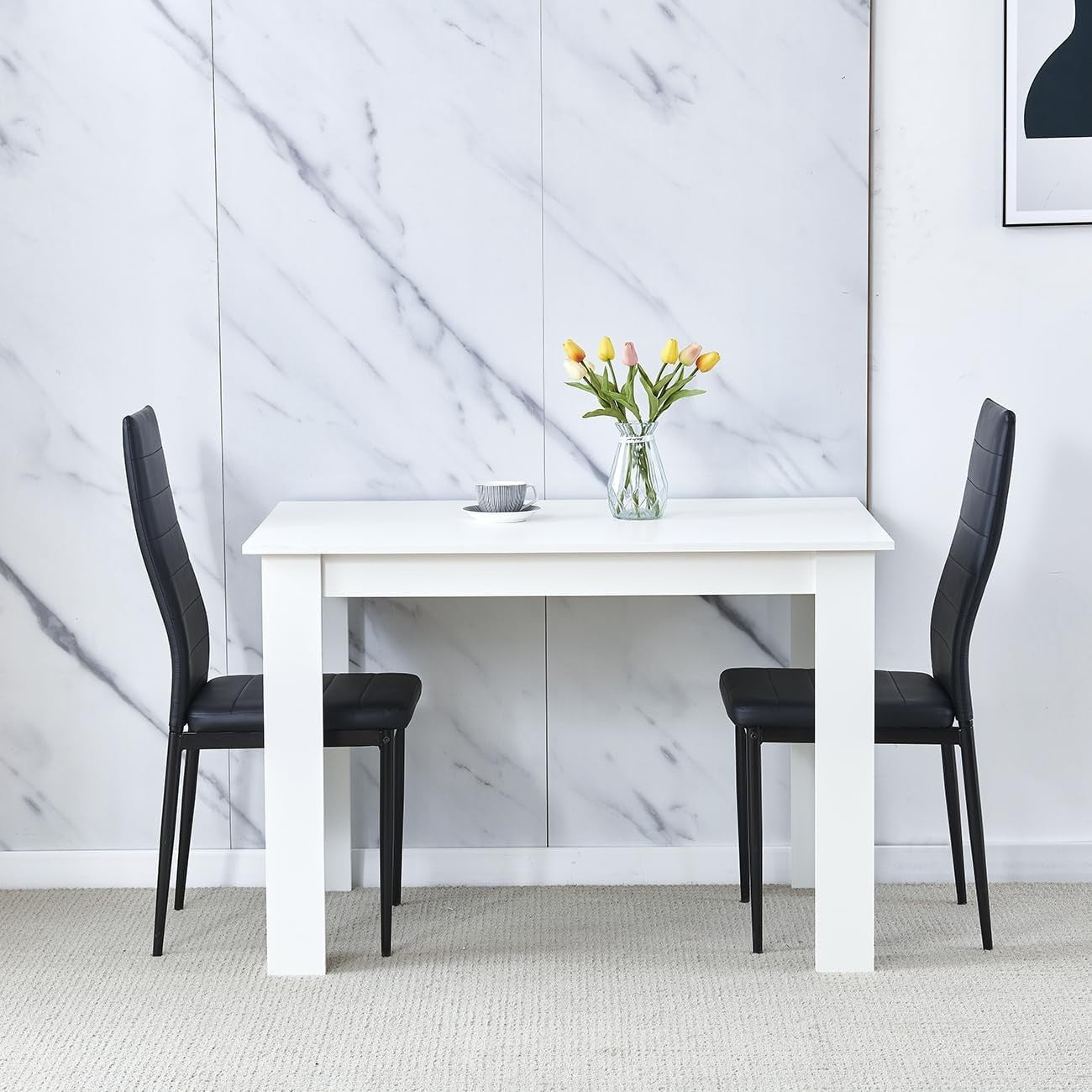 Modern White Dining Table Set 2 Leather Chairs Kitchen Room 110cm