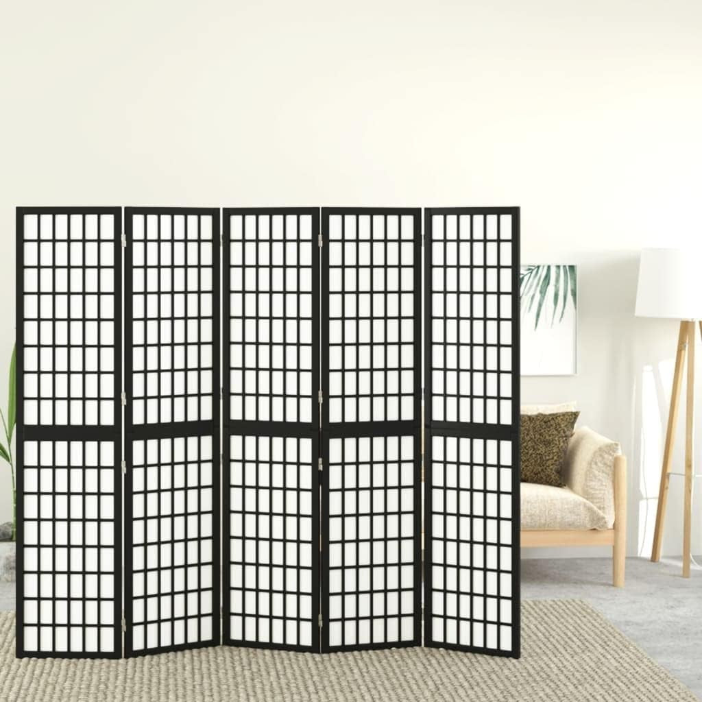5 Panel Black Shoji Room Divider 200x170cm Folding Wooden Privacy Screen Japanes