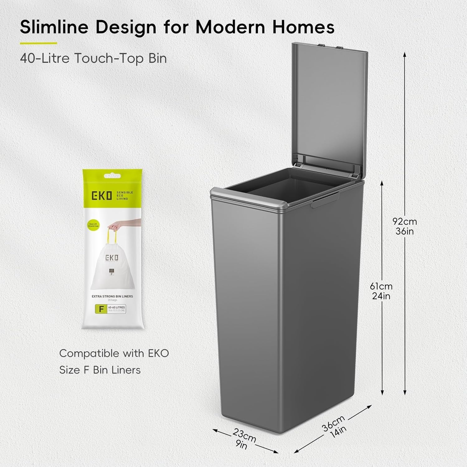 Slim 40L Kitchen Recycling Bin Touch-Top Lid Plastic Waste Sorter