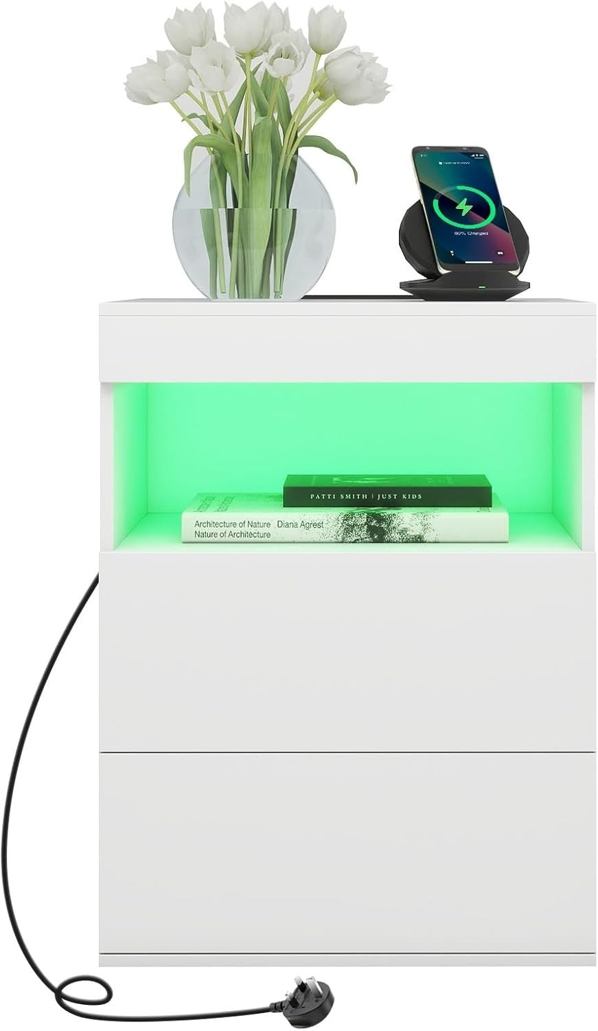Modern White LED Bedside Table with Drawers & Charging Station Nightstand