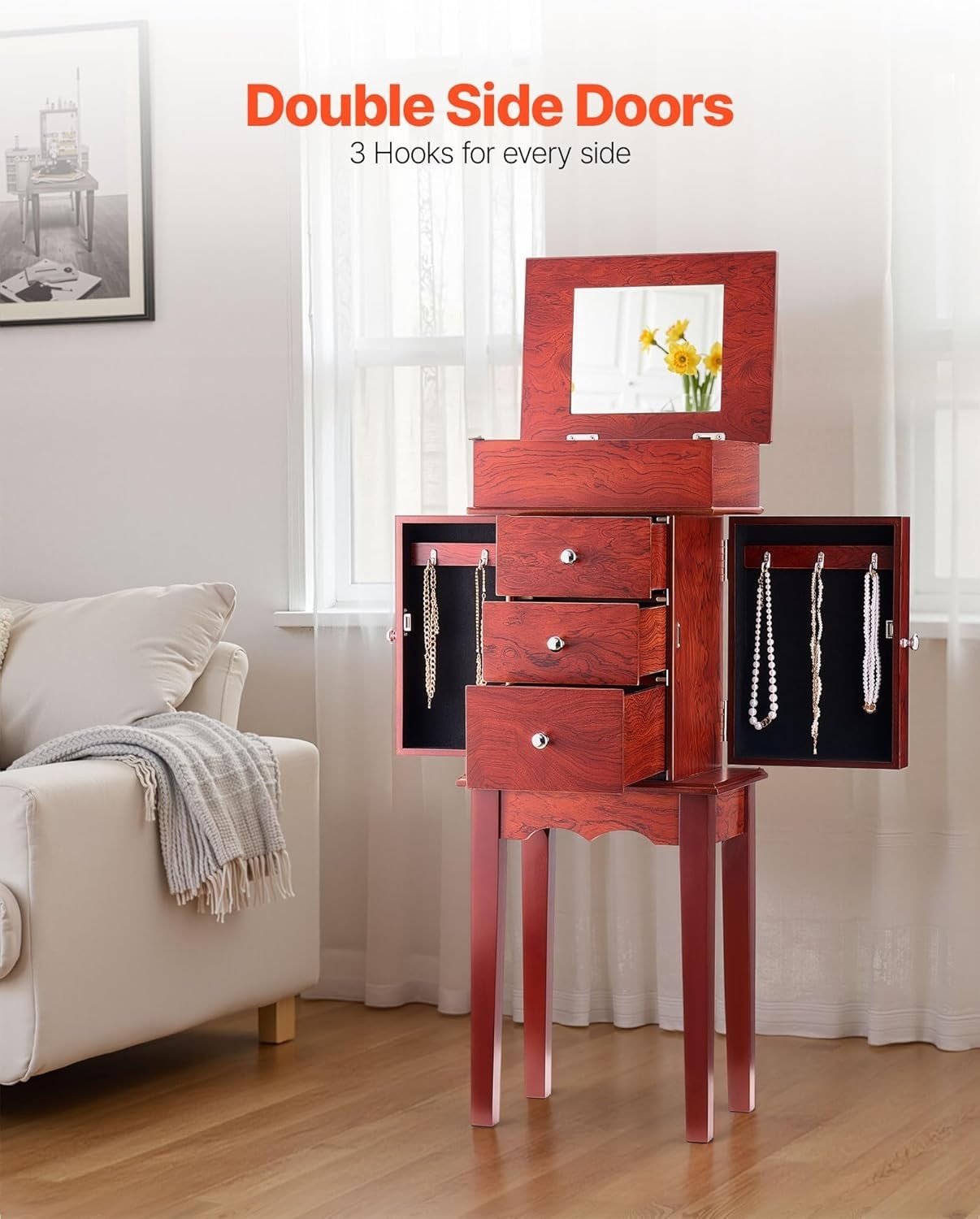 Standing Wood Jewellery Armoire with Drawers Flip Top Mirror Storage