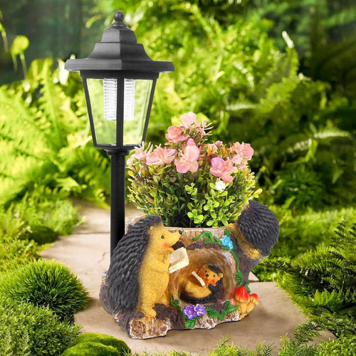 Hedgehog Garden Ornament • Resin Outdoor Statue with Planter & Lamp Post Décor