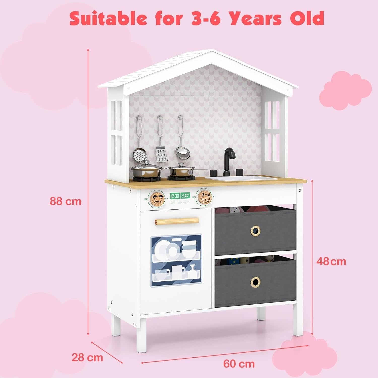 Wooden Kids Play Kitchen White Toy Set Sink Dishwasher Storage Stove