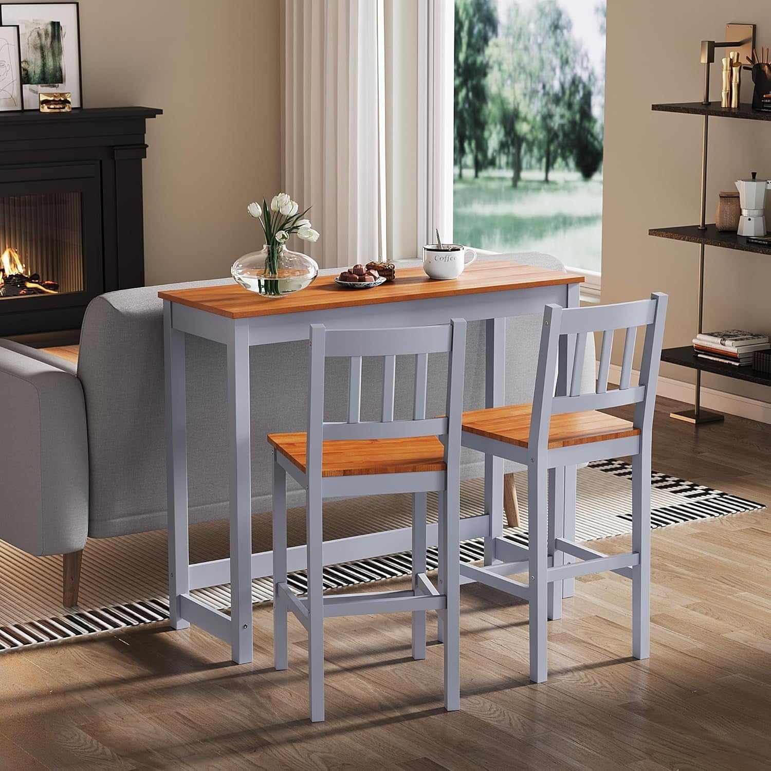 Solid Pine Wood Bar Table Set with 2 Stools | Compact Kitchen & Dining