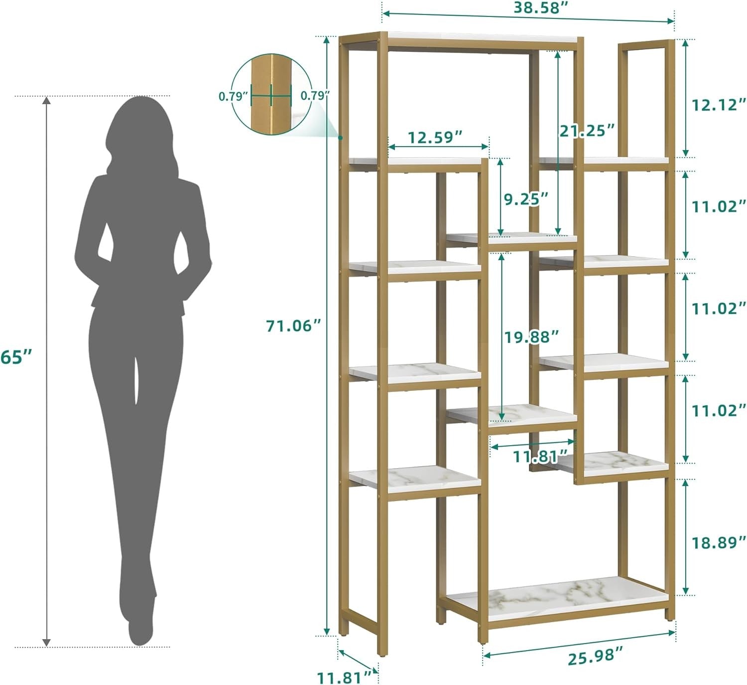 Modern Gold & White 6-Tier Bookcase | 12-Shelf Open Display Storage Unit