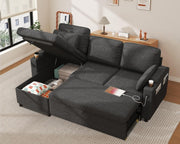 L Shape Sofa Bed Storage Chaise USB Cup Holder Pull Out Couch Grey