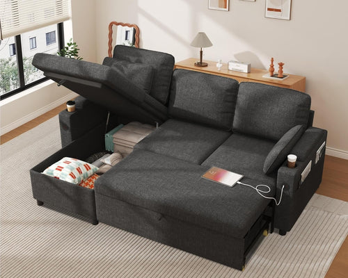 L Shape Sofa Bed Storage Chaise USB Cup Holder Pull Out Couch Grey