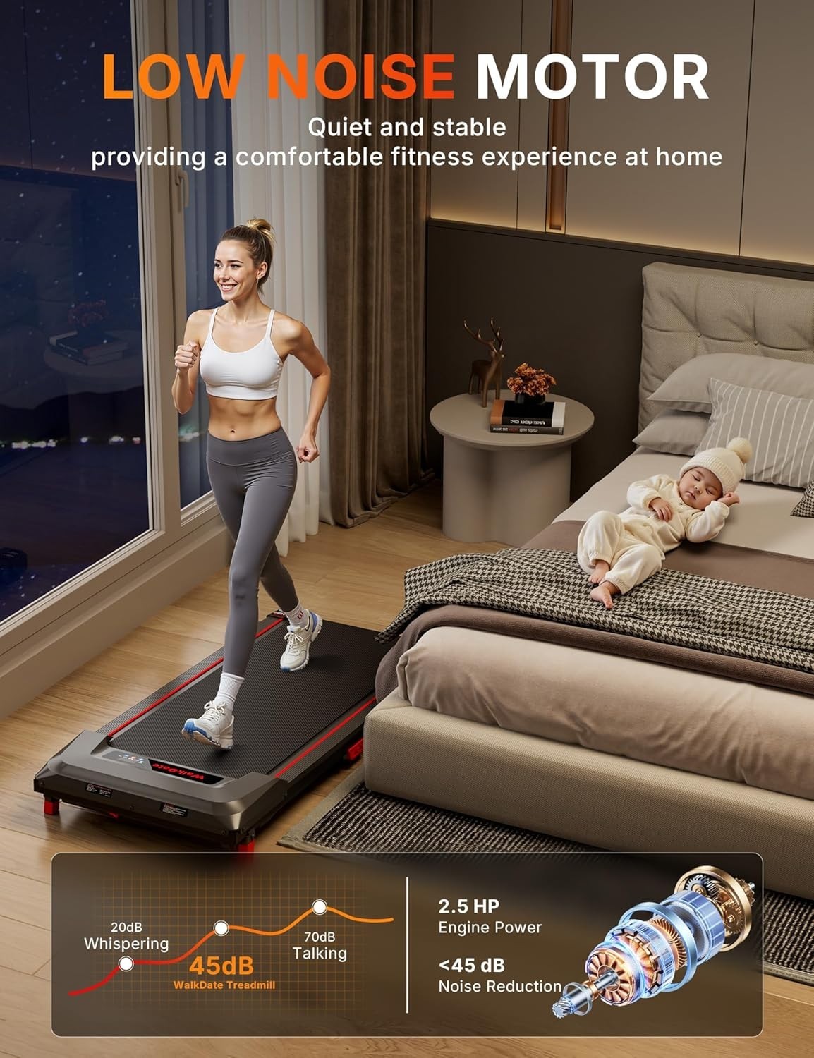 Compact Under Desk Treadmill 5% Incline Low Noise Home Office Fitness