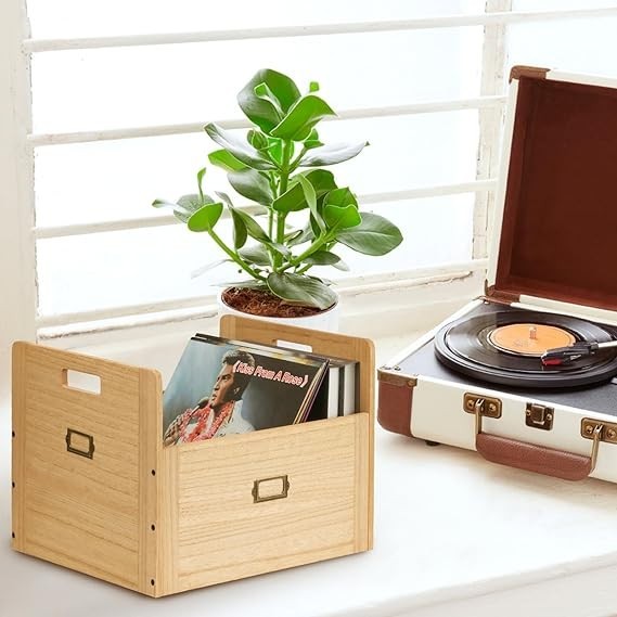 Wooden Record Storage Crate with Handles Holds Up to 80 Albums Organizer