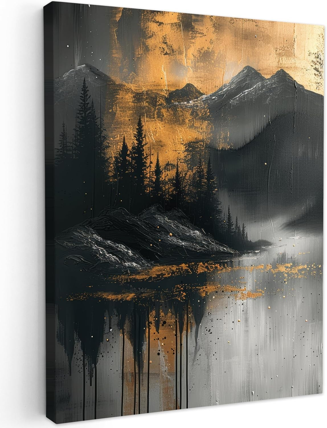 Forest Mountain Canvas Wall Art 50x70cm Gold Black Framed