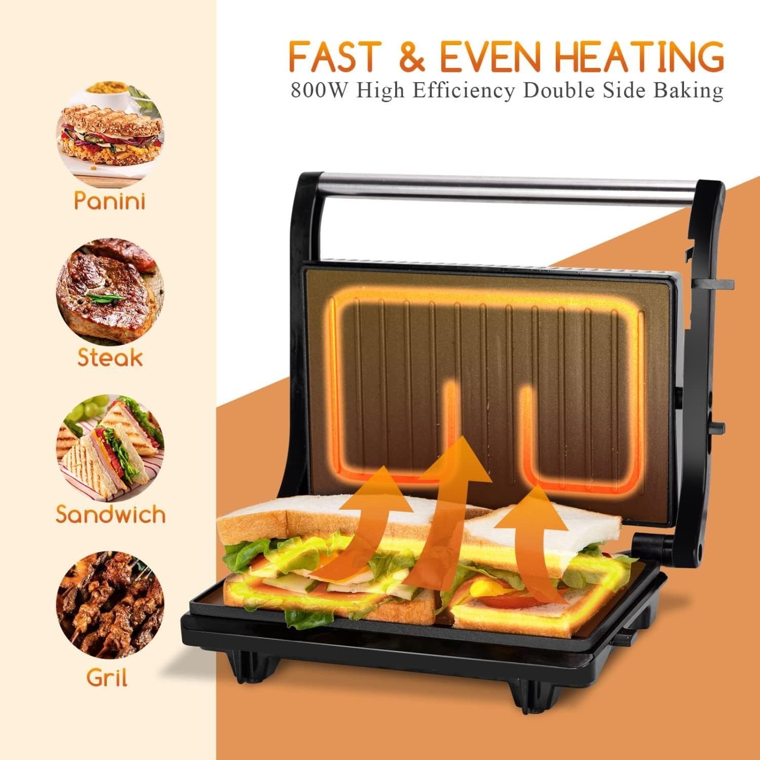 Panini Press Grill Toaster Maker Non-Stick 180° Open 800W Stainless Steel