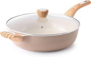 30cm Beige Deep Non Stick Saute Pan with Lid, 4.7L Skillet Induction Compatible
