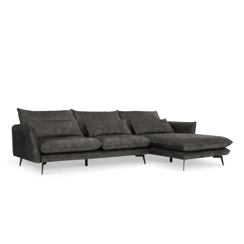 Right Hand Corner Sofa Grey Velvet – 4 Seater Chaise Lounge with Metal Legs