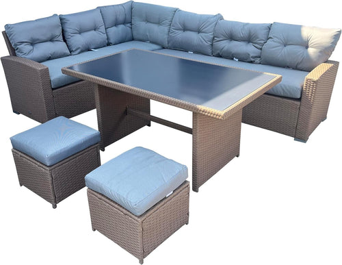 7 Seat Rattan Corner Sofa Dining Set w/ Cushions, Table & Footstools Outdoor