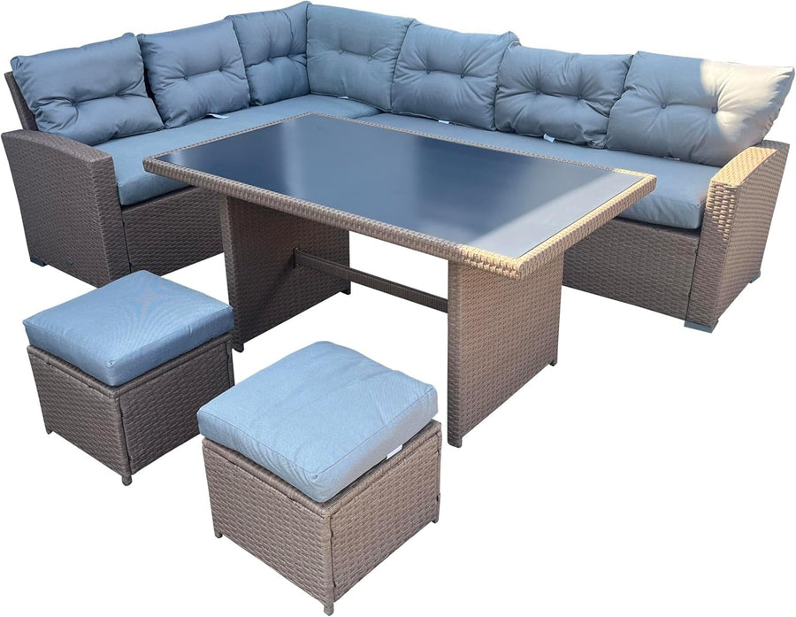 7 Seat Rattan Corner Sofa Dining Set w/ Cushions, Table & Footstools Outdoor