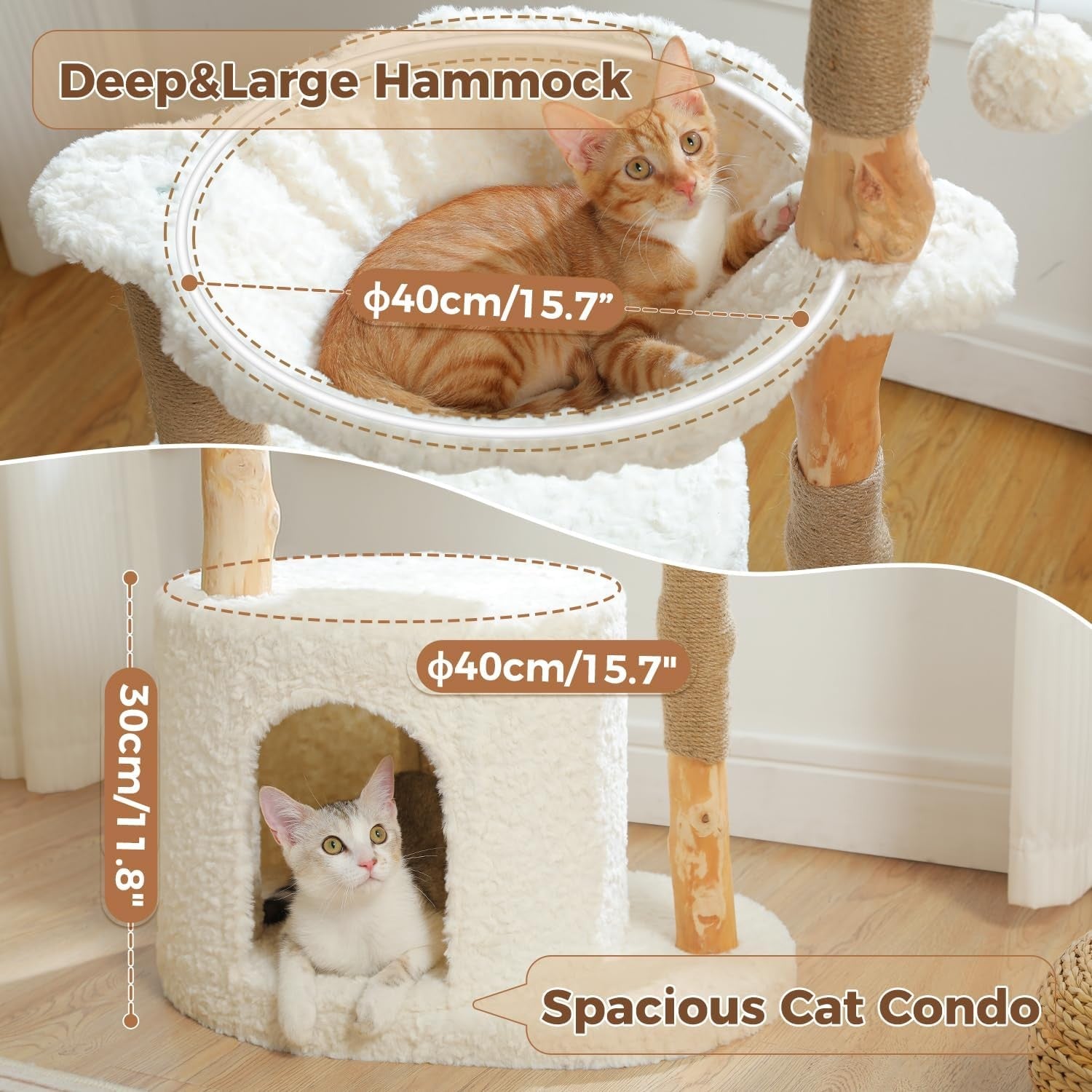 Luxury Wooden Cat Tree 40in Modern Tower with Wicker Basket Hammock Condo