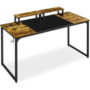 140cm Rustic Computer Desk with Monitor Stand, Cable Ports & Headset Hook