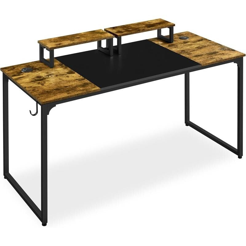 140cm Rustic Computer Desk with Monitor Stand, Cable Ports & Headset Hook