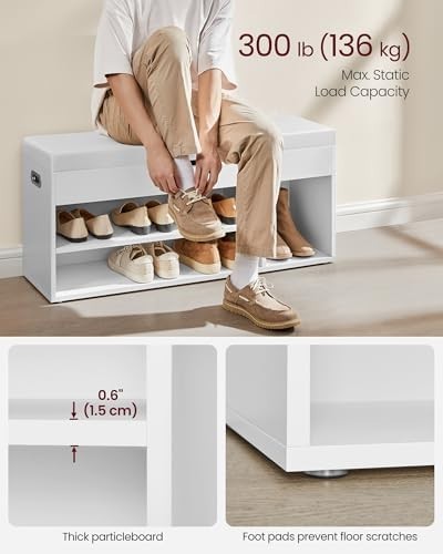 White Shoe Storage Bench with Cushion 3 Compartments Hidden Seat Shelves