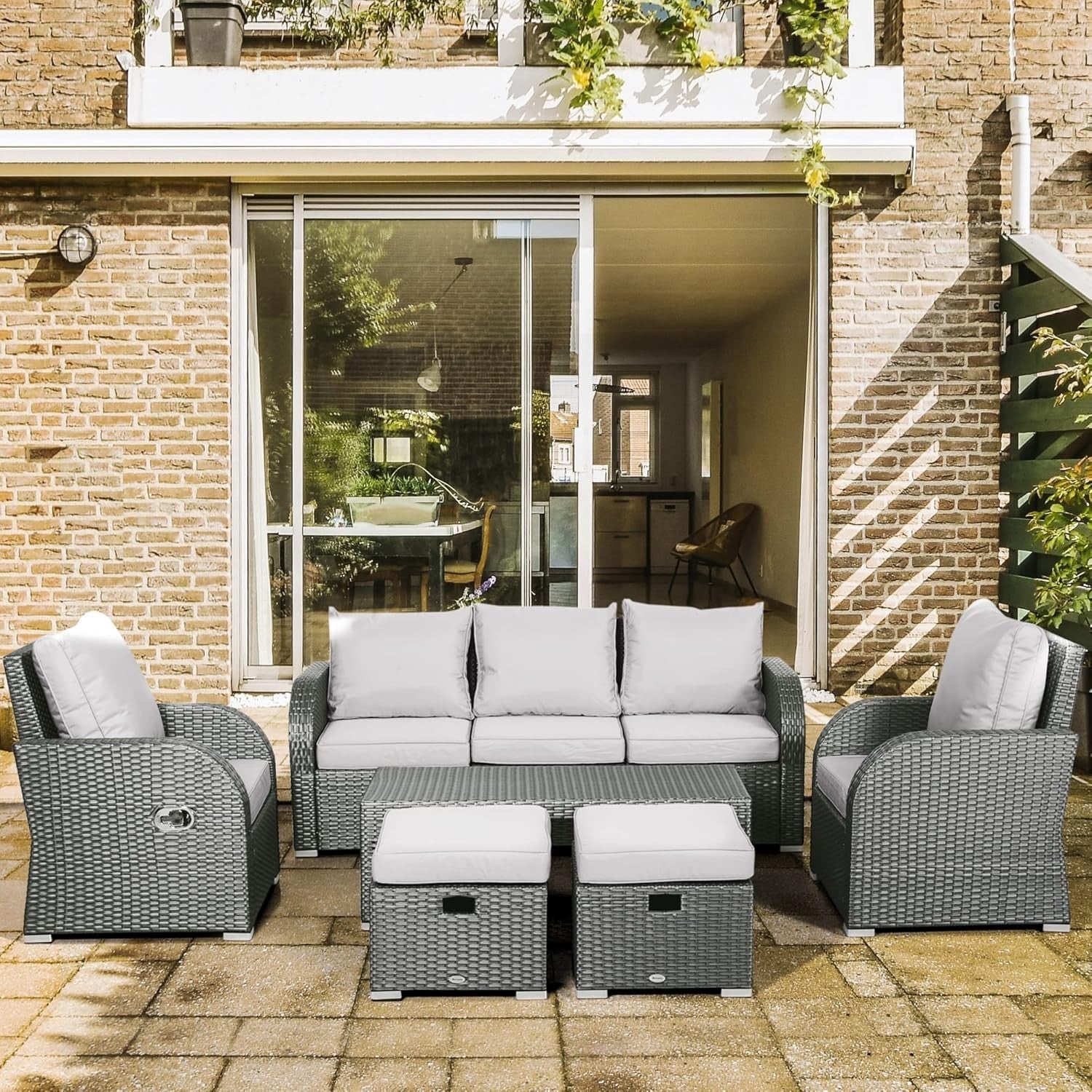 6-Piece Outdoor Rattan Sofa Set Reclining Armchairs Coffee Table Footstools