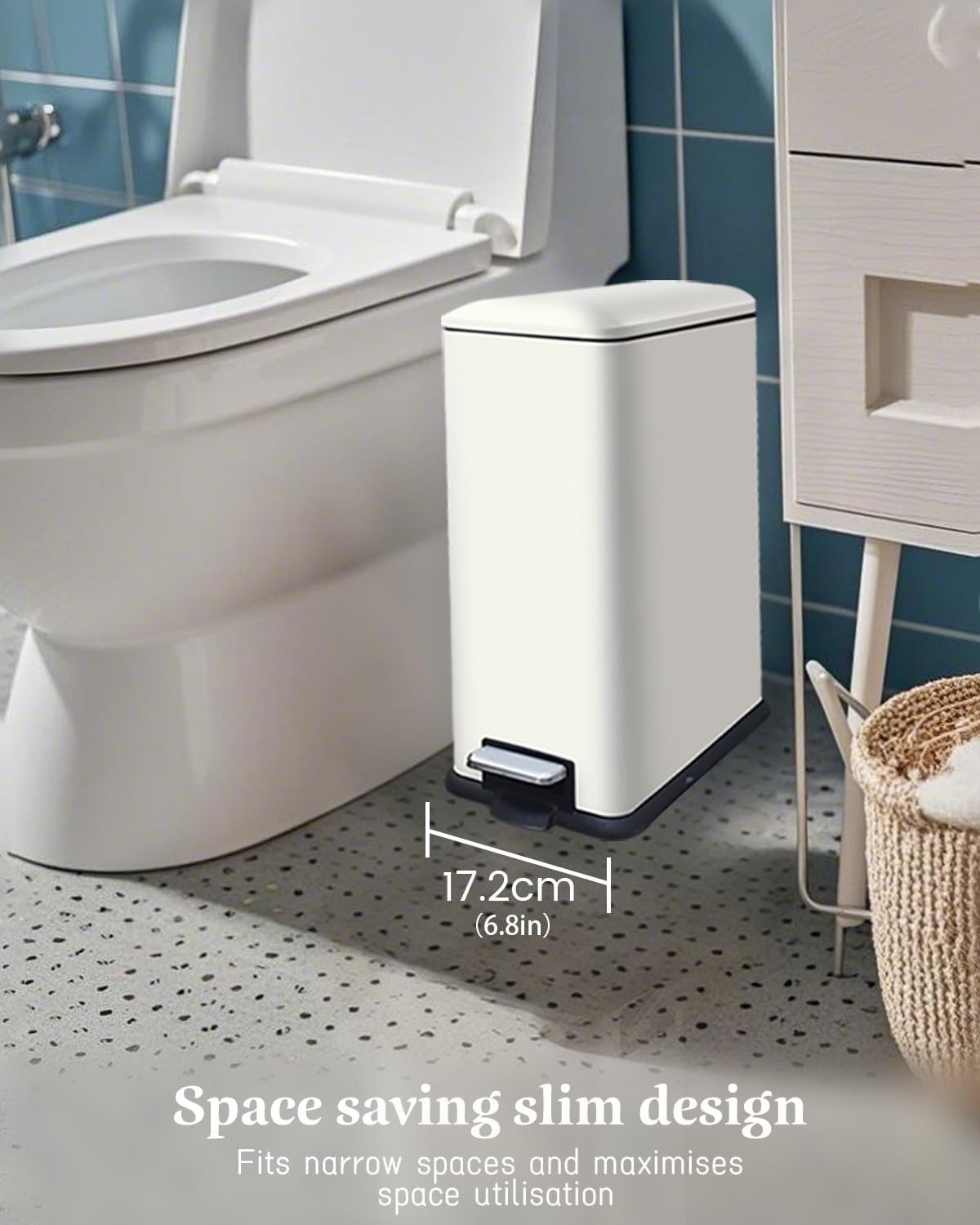 10L White Stainless Steel Pedal Bin Slim Bathroom Soft Close Lid