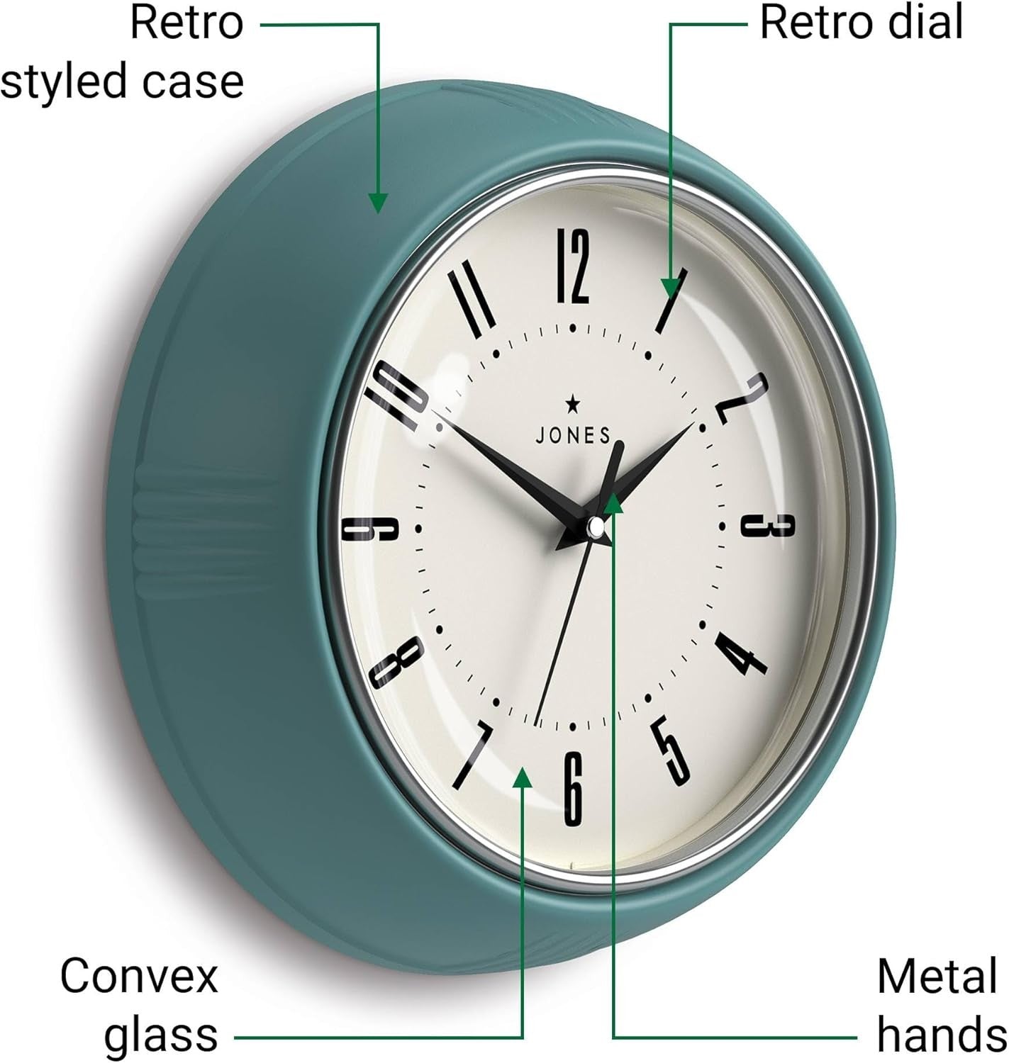 25cm Teal Retro Wall Clock Silent Quartz | Easy Read Kitchen Bedroom Decor
