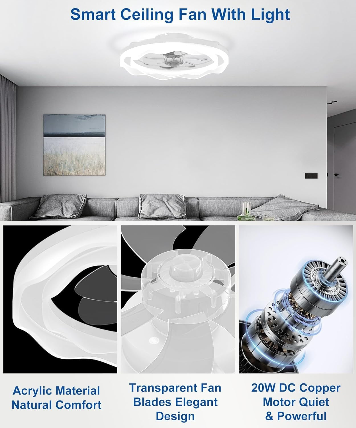 20" Ceiling Fan Light, 6 Speeds, Dimmable, Reversible, App & Remote