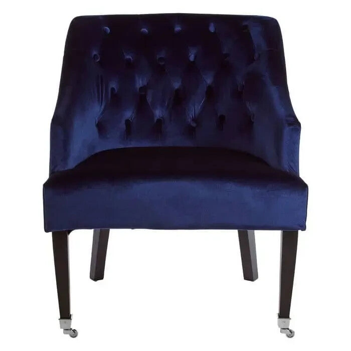 Blue Velvet Accent Chair Tufted Back Armchair with Wooden Legs & Castors