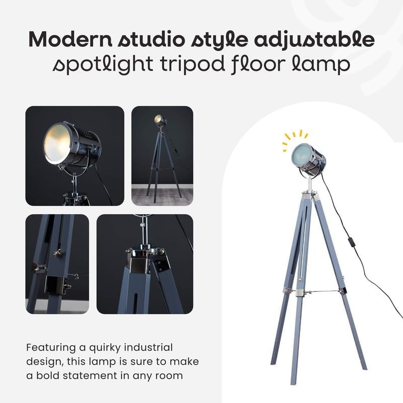 Tripod Floor Lamp Matt Black Chrome Studio Spotlight Industrial Standing Light