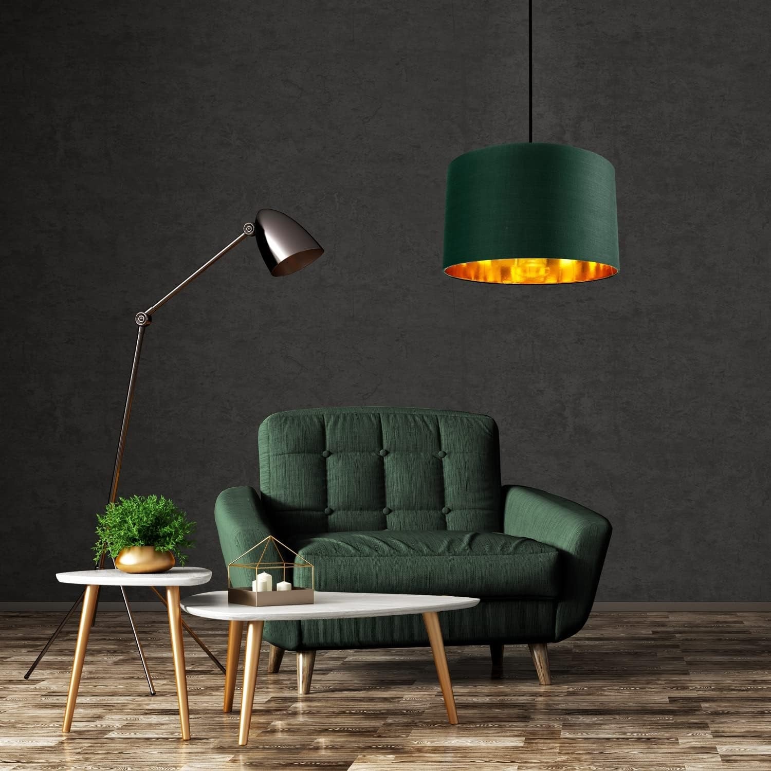 Forest Green Drum Lamp Shade Copper Lined Modern Table Floor Pendant 14"