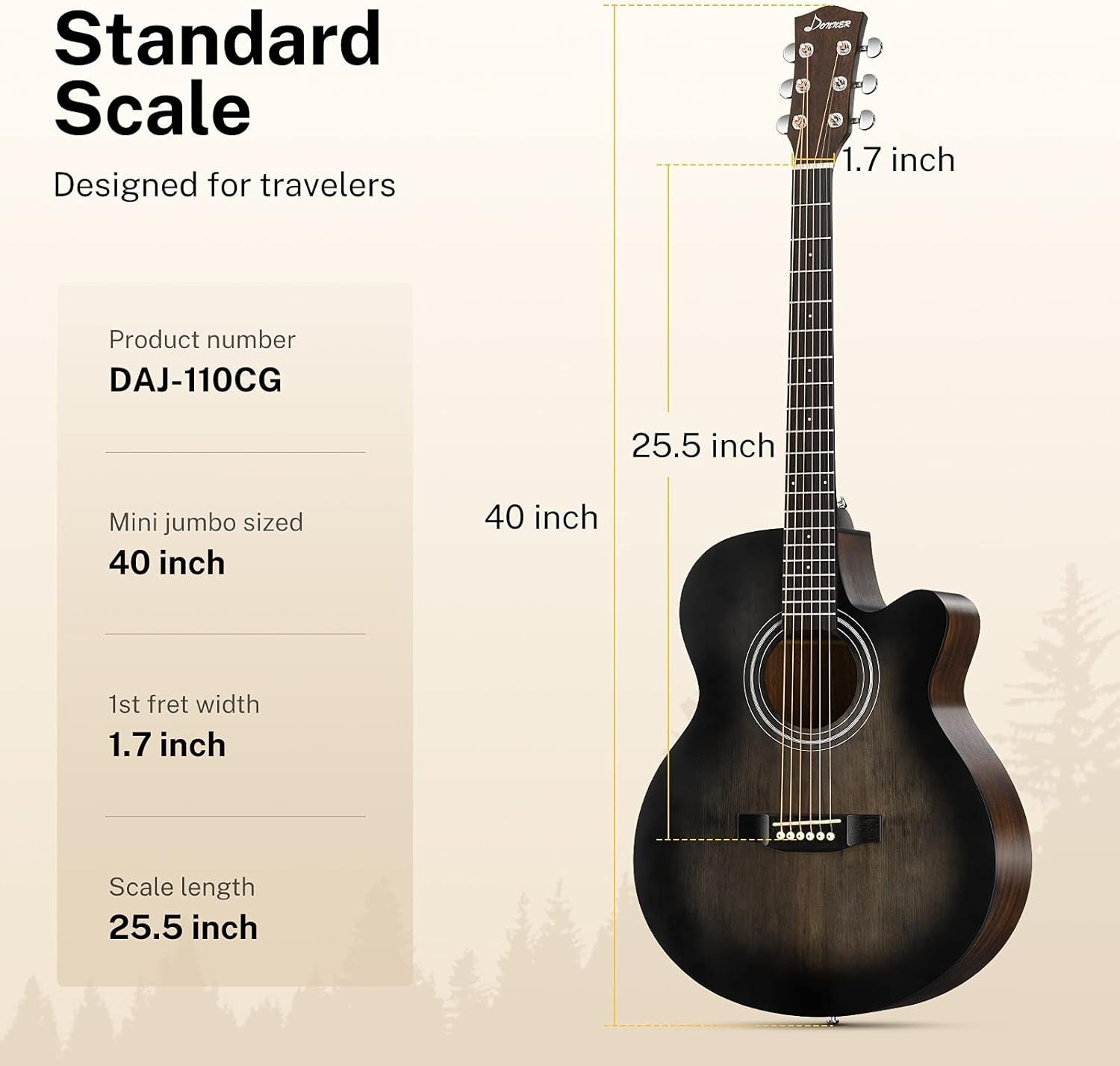 Full Size 4/4 Acoustic Guitar Starter Kit 40” Cutaway Black