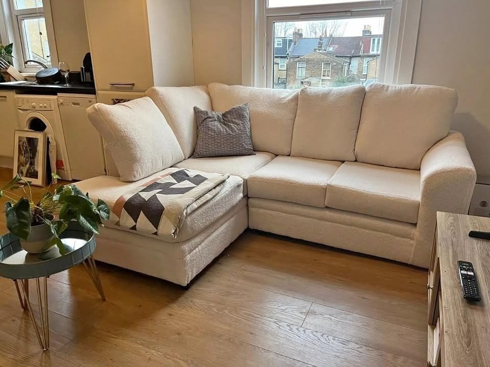 Cream L Shape 4 Seater Sofa with Left Hand Footstool – Plush High Back Couch