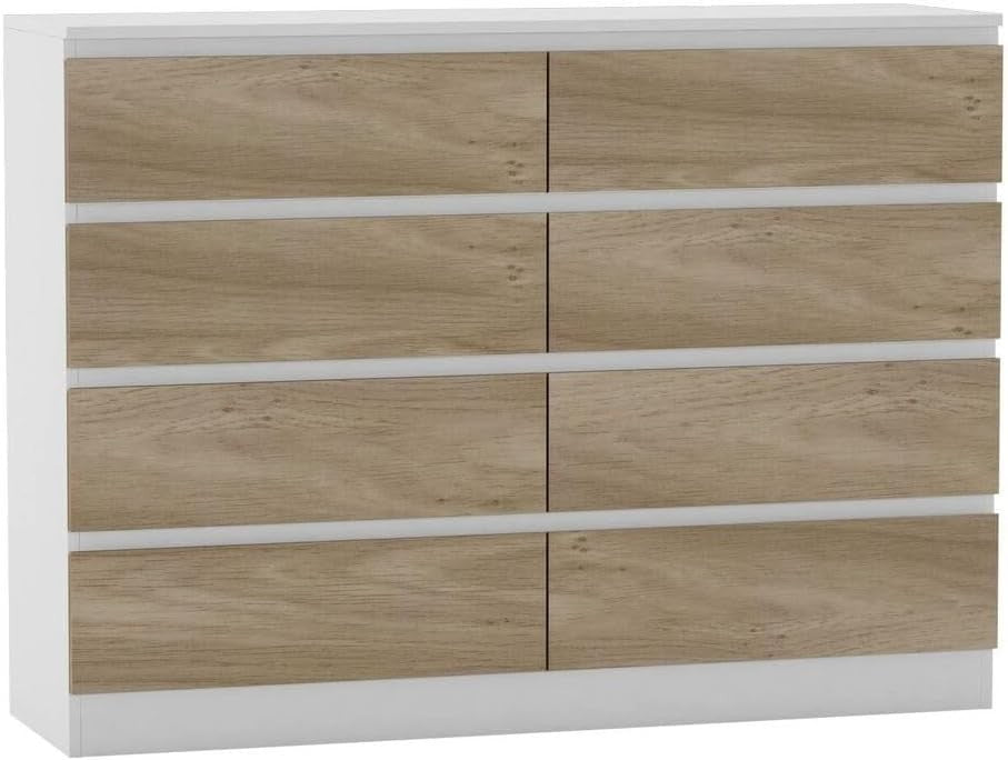 Modern White & Oak 8-Drawer Chest Bedroom Storage Cabinet Office Organizer