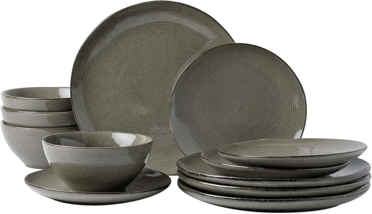 12pc Stoneware Dinnerware Set Plates Bowls Dark Olive Service for 4