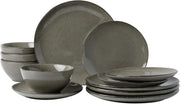 12pc Stoneware Dinnerware Set Plates Bowls Dark Olive Service for 4