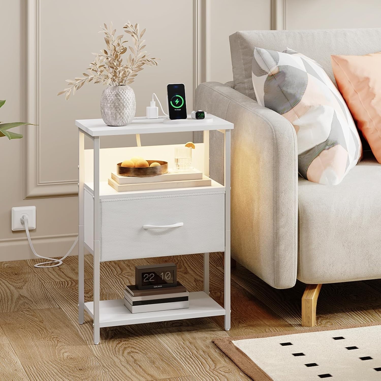 White Bedside Table with LED Light – USB Charging Ports