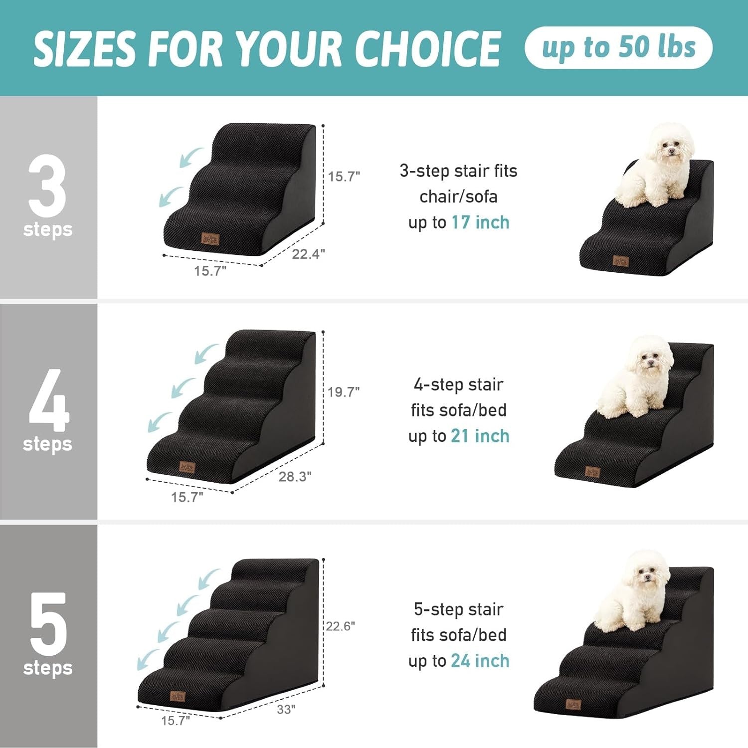 Dog Stairs 3 Step Foam Pet Ramp for Bed Sofa Leakproof Cover