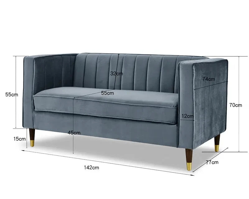 Grey Velvet 2 Seater Sofa Ribbed Back High Arms Wood Legs Modern Couch